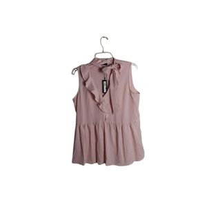Le Gali Women's Pink Peachy Ruffled Tie Neck Peplum Dressy Sleeveless Blouse L